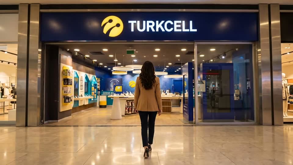 A customer walking into a Turkcell store, the in-store screens running the 'Wheel of Fortune' game behind the entrance